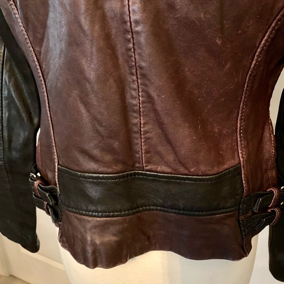 Michael Kors maroon/black leather moto jacket w/ gunmetal hardware -small - Picture 4 of 16